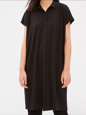 ​Eileen Fisher Black Jersey Knit Button Front Collared Midi Dress XL Minimalist